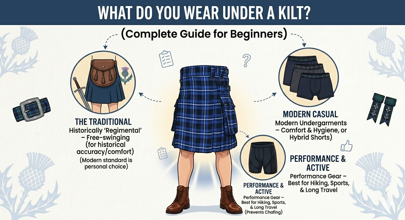"What Do You Wear Under a Kilt? (Complete Guide for Beginners)." The center features a Ramsey Blue tartan utility kilt. Three circular callouts show different options: "The Traditional" (regimental style), "Modern Casual" (boxers and briefs), and "Performance & Active" (compression shorts for hiking and travel). The background is a clean white with faint thistle illustrations.