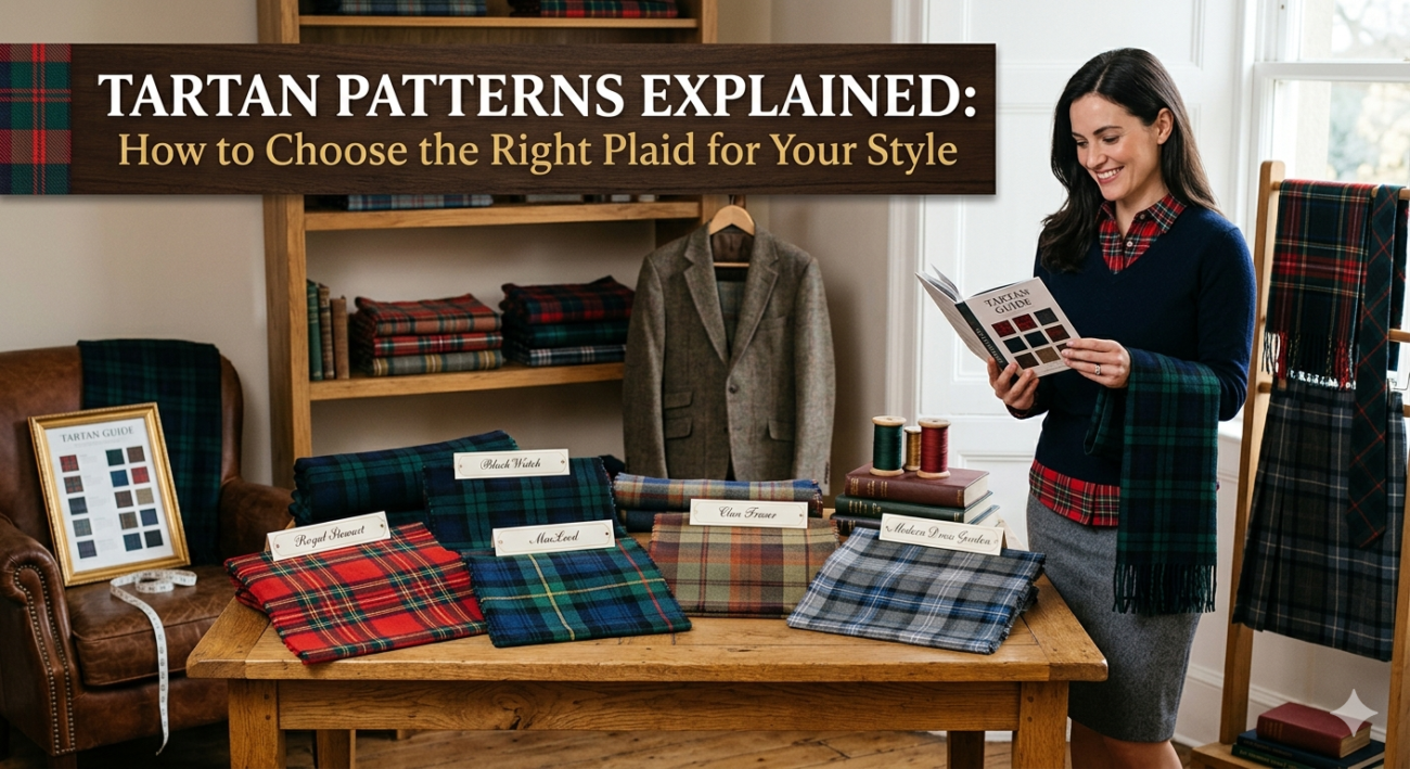 A friendly woman holds a tartan pattern guide and points towards a table covered in a varied selection of named tartan fabric bolts, with an overlying text banner that reads: "TARTAN PATTERNS EXPLAINED: How to Choose the Right Plaid for Your Style."