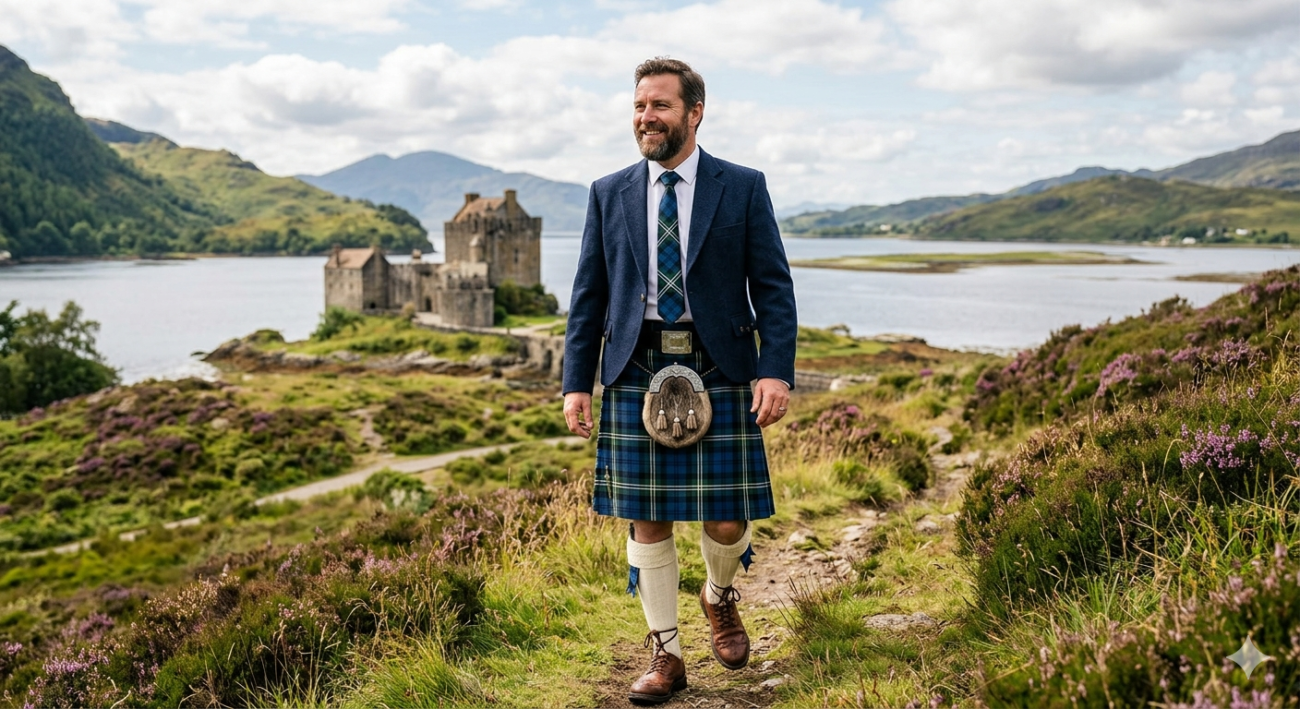 A man wearing a traditional Douglas Blue Tartan kilt, sporran, and tweed jacket walking on a path in the Scottish Highlands with Eilean Donan Castle and a loch in the background.