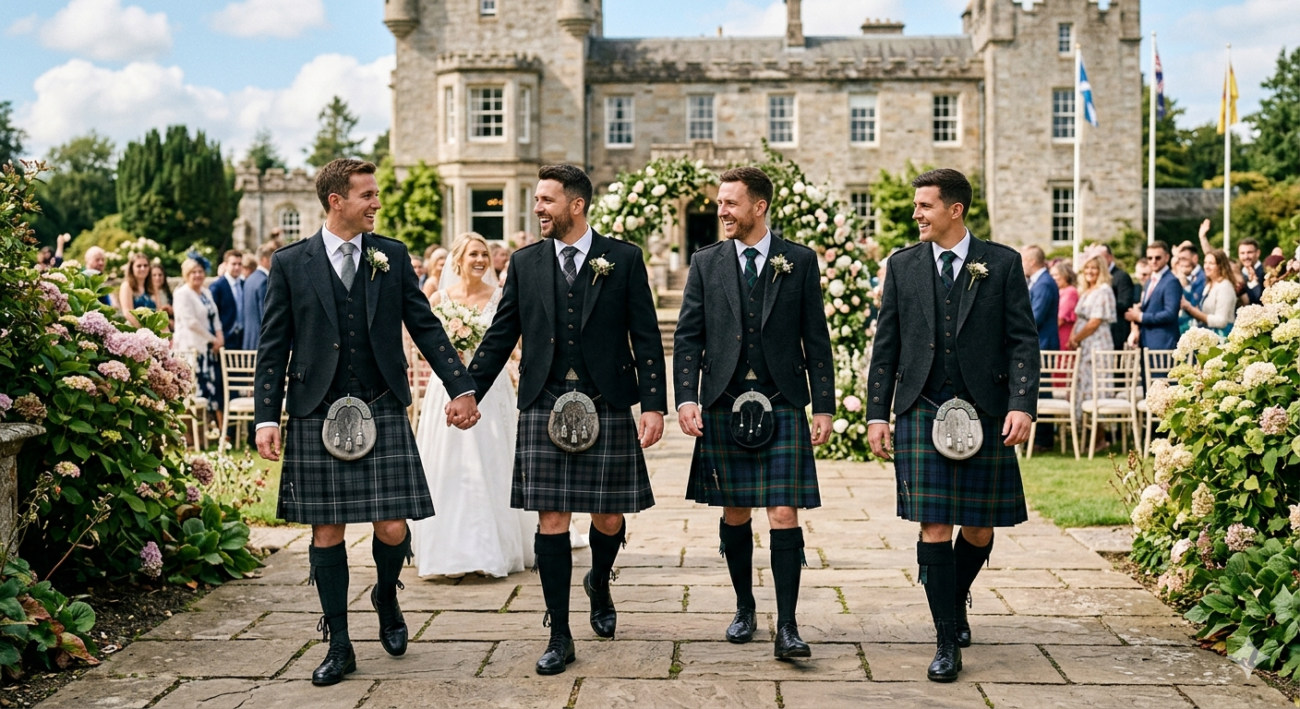 A group of four men wearing traditional Scottish kilt outfits, including Prince Charlie jackets and leather sporrans, walking and smiling at an outdoor wedding ceremony in front of a historic stone castle.