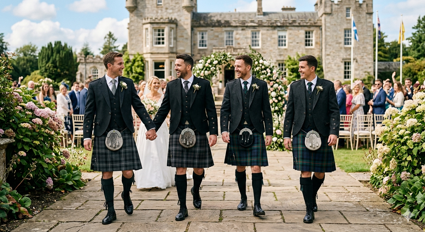 A group of four men wearing traditional Scottish kilt outfits, including Prince Charlie jackets and leather sporrans, walking and smiling at an outdoor wedding ceremony in front of a historic stone castle.