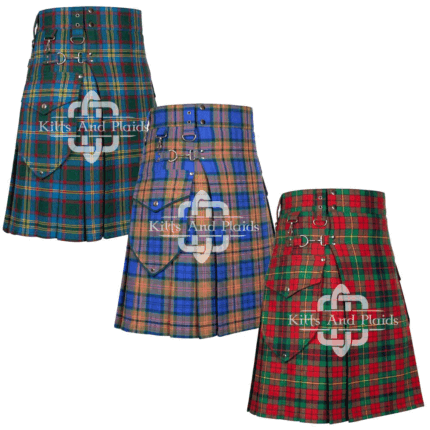 Men’s tartan utility kilt with cargo pockets and adjustable straps front view