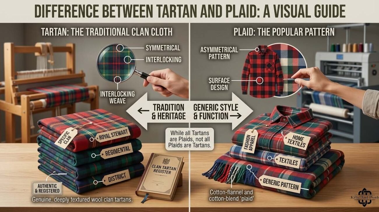 Side-by-side visual comparison of tartan and plaid fabrics showing traditional Scottish tartan patterns with clan associations versus general plaid patterns used in modern fashion and textiles.