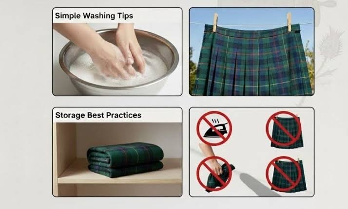 A step-by-step infographic illustrating wool kilt maintenance, featuring four clean vector icons: spot cleaning a kilt with a damp cloth, hanging a kilt flat by the waistband to air dry, rolling a kilt for breathable storage, and a warning icon over a hot iron to prevent scorching.