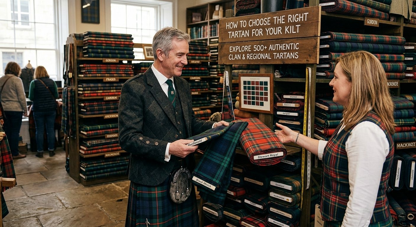 A man wearing a tweed jacket and kilt examining fabric swatches with a shopkeeper inside a traditional Scottish tailor shop filled with bolts of tartan.