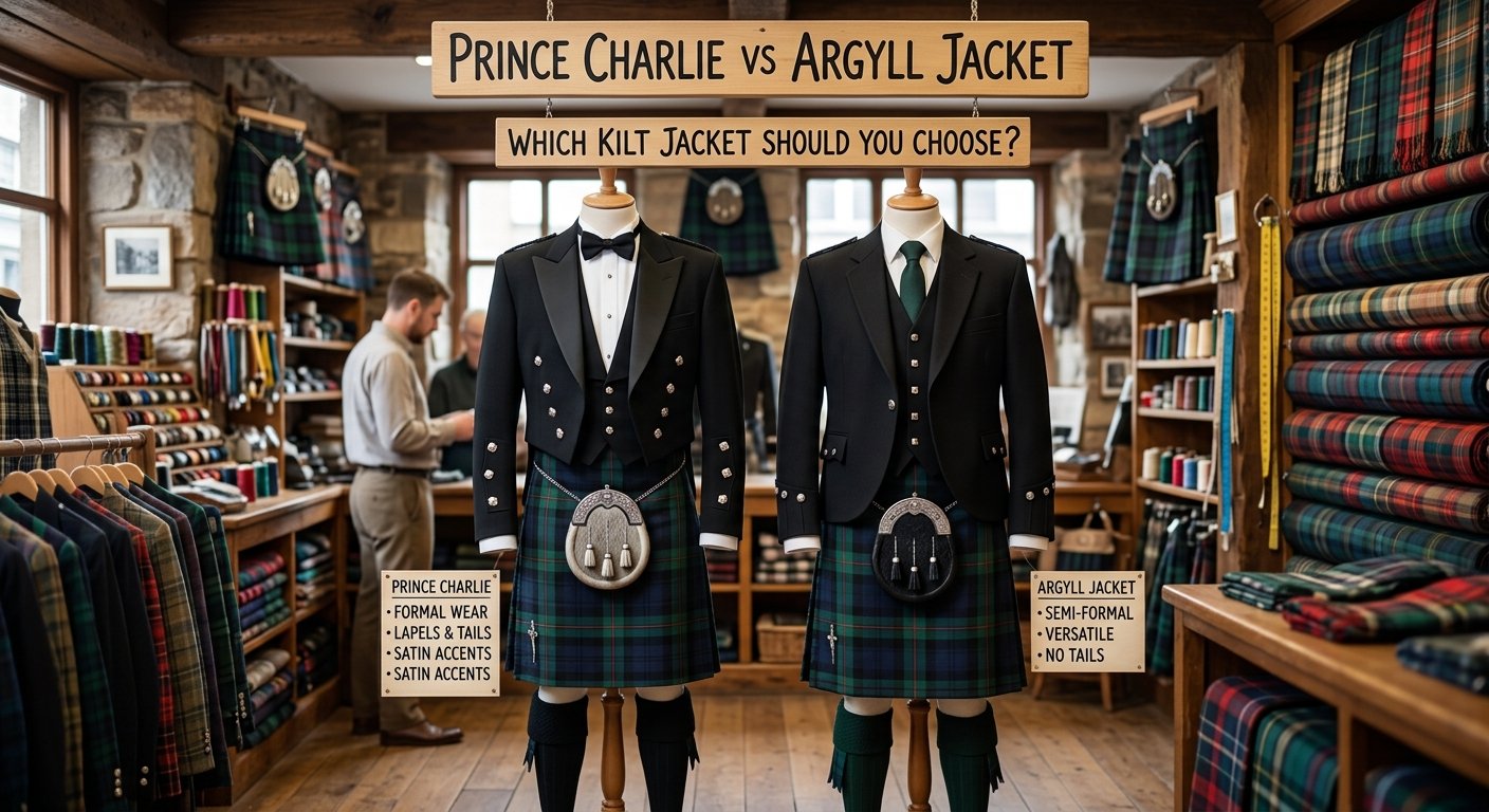 A comparative view of two kilt outfits on mannequins in a traditional tailor shop. On the left, a formal Prince Charlie jacket with tails and bow tie. On the right, a versatile Argyll jacket with a long tie. A sign above asks, "Which kilt jacket should you choose?"