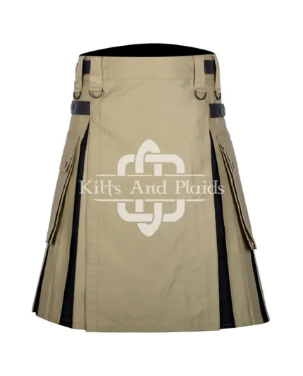 Khaki Cotton Black Tartan Hybrid Kilt