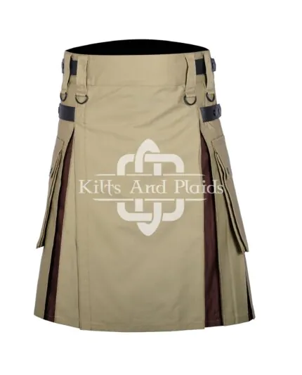 Khaki Cotton Brown Tartan Hybrid Kilt
