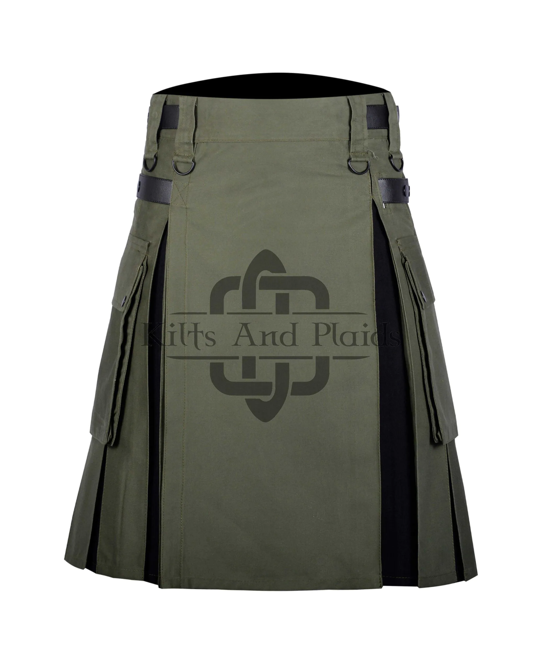 Olive Green Cotton - Black Tartan Hybrid Kilt