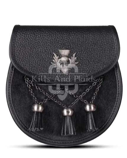 Black Leather Bovine Fur Cross Tassels Semi Dress Sporran