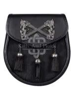Cross Rampant Lion Emblem Black Leather Semi Dress Sporran