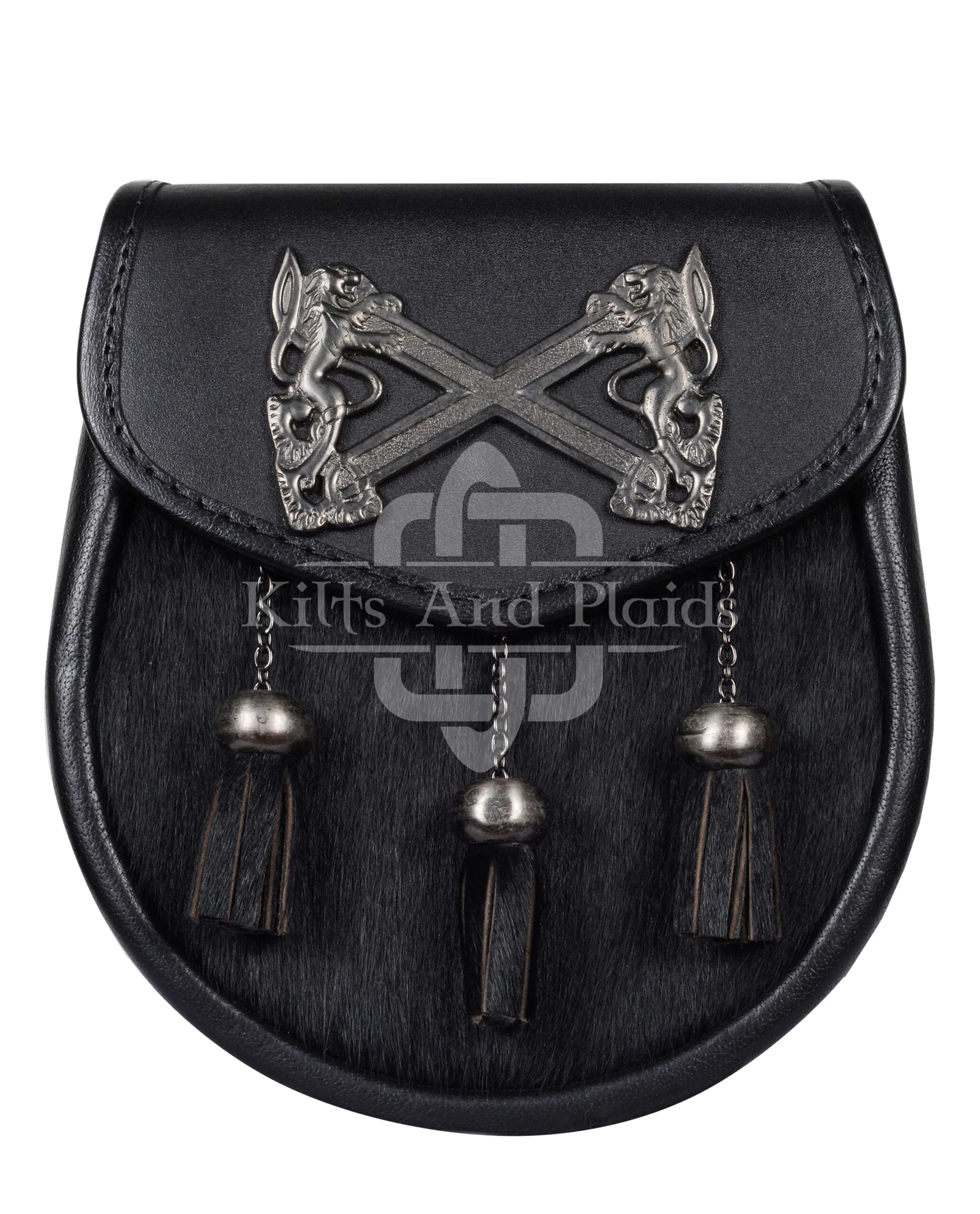 Cross Rampant Lion Emblem Black Leather Semi Dress Sporran