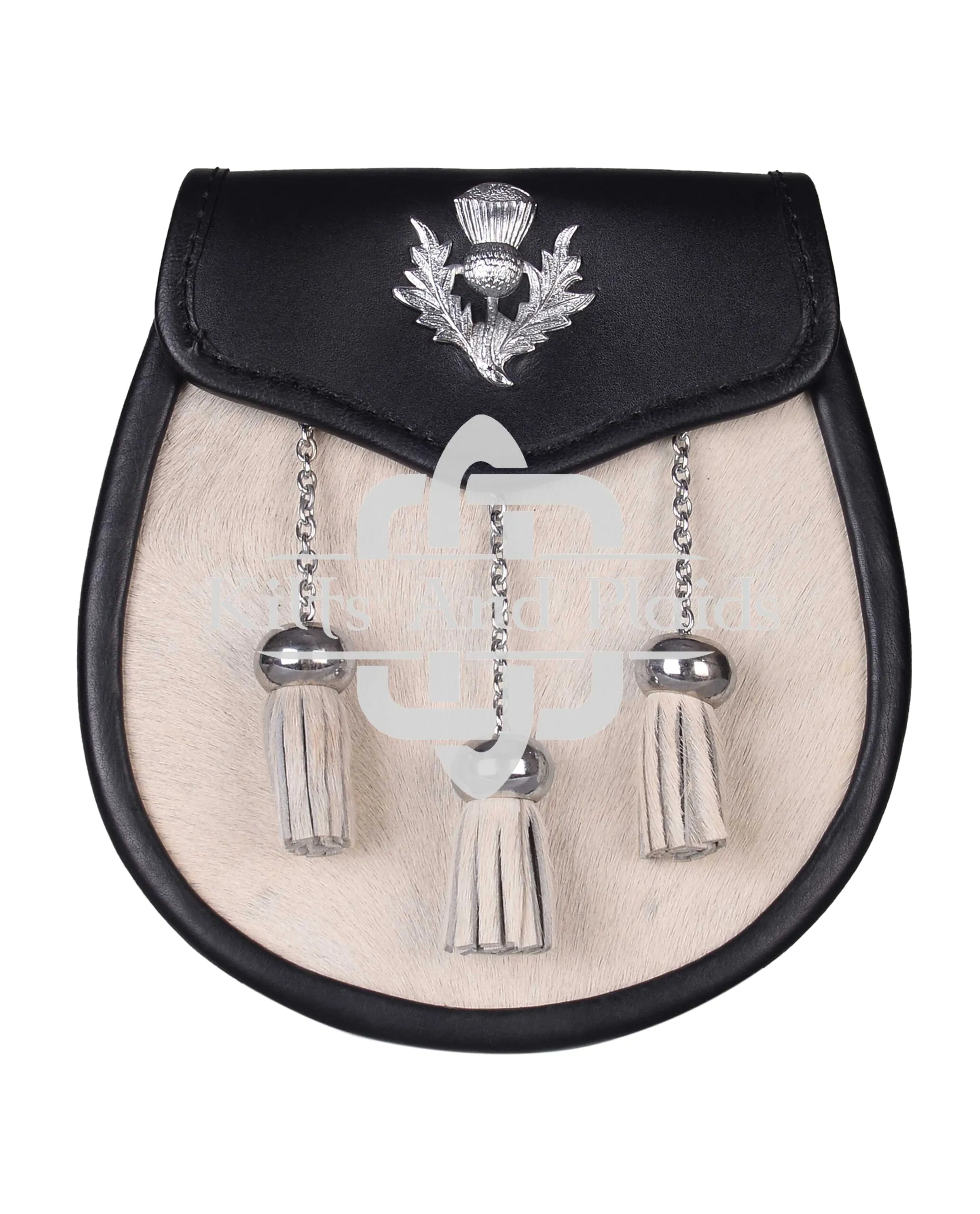 Thistle Emblem Black Leather White Bovine Fur Semi Dress Sporran
