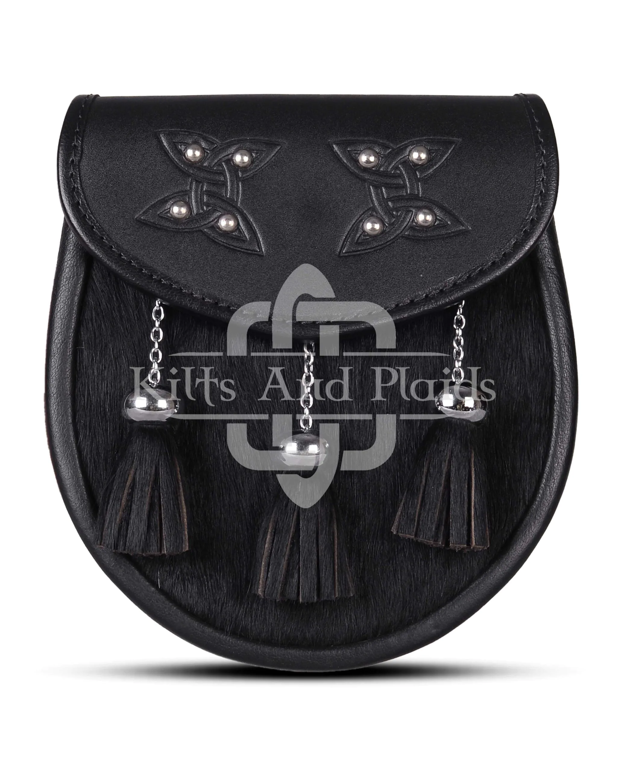 Celtic Knots Black Leather Black Bovine Fur Semi Dress Sporran