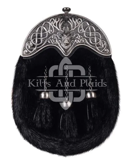 Nickle Brushed Stag Head Black Seal Fur Full Dress Sporran
