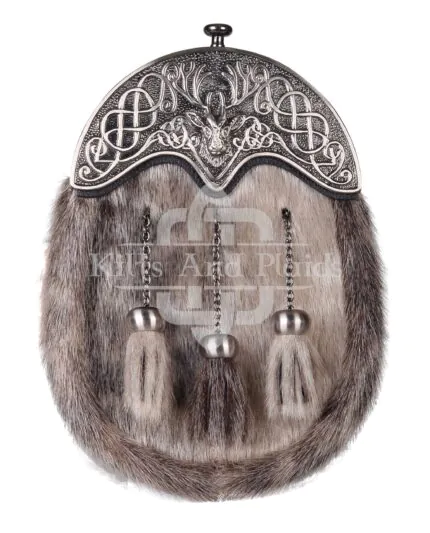 Nickle Brushed Stag Head Seal Fur Full Dress Sporran