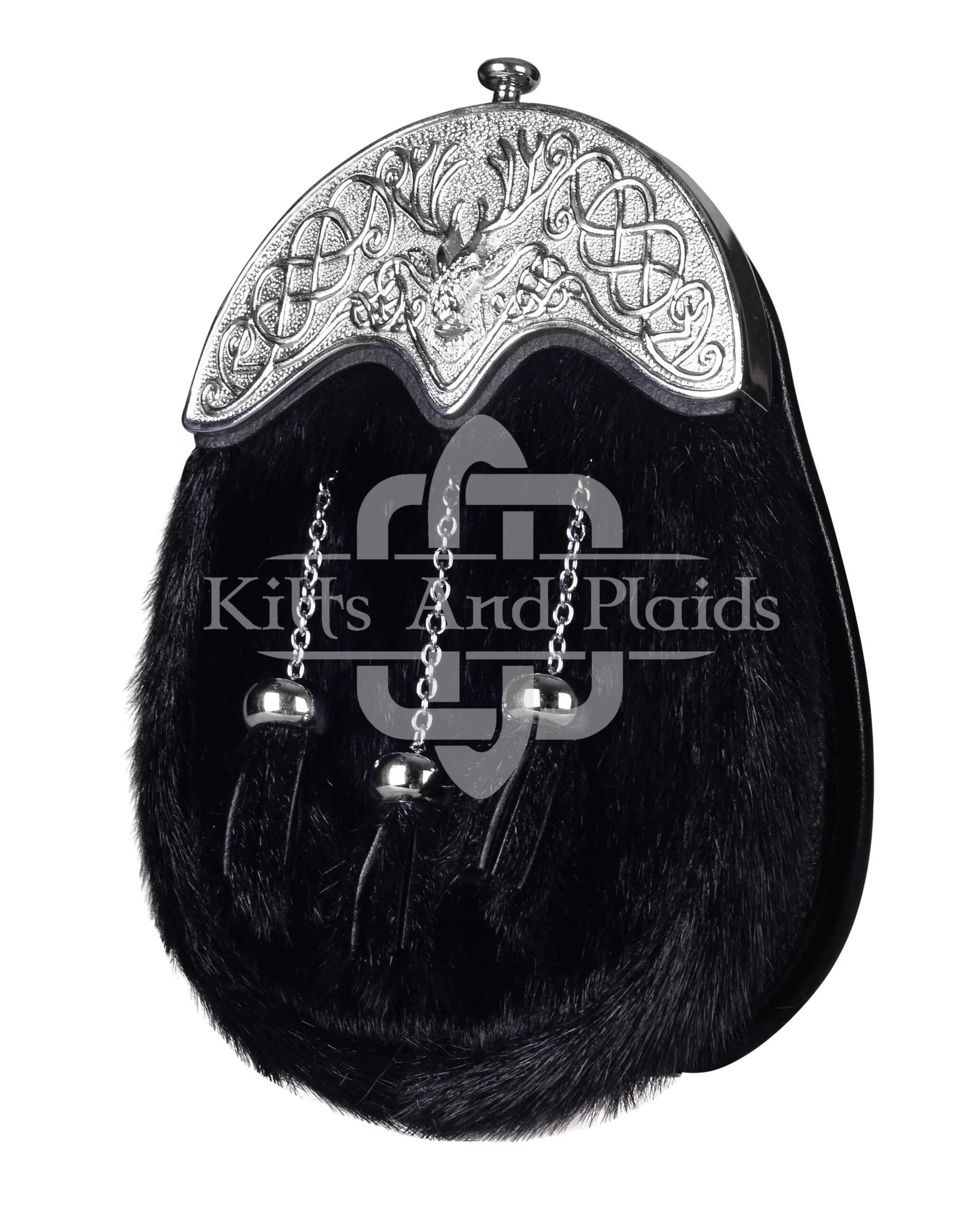 Silver Stag Head Black Seal Fur Full Dress Sporran