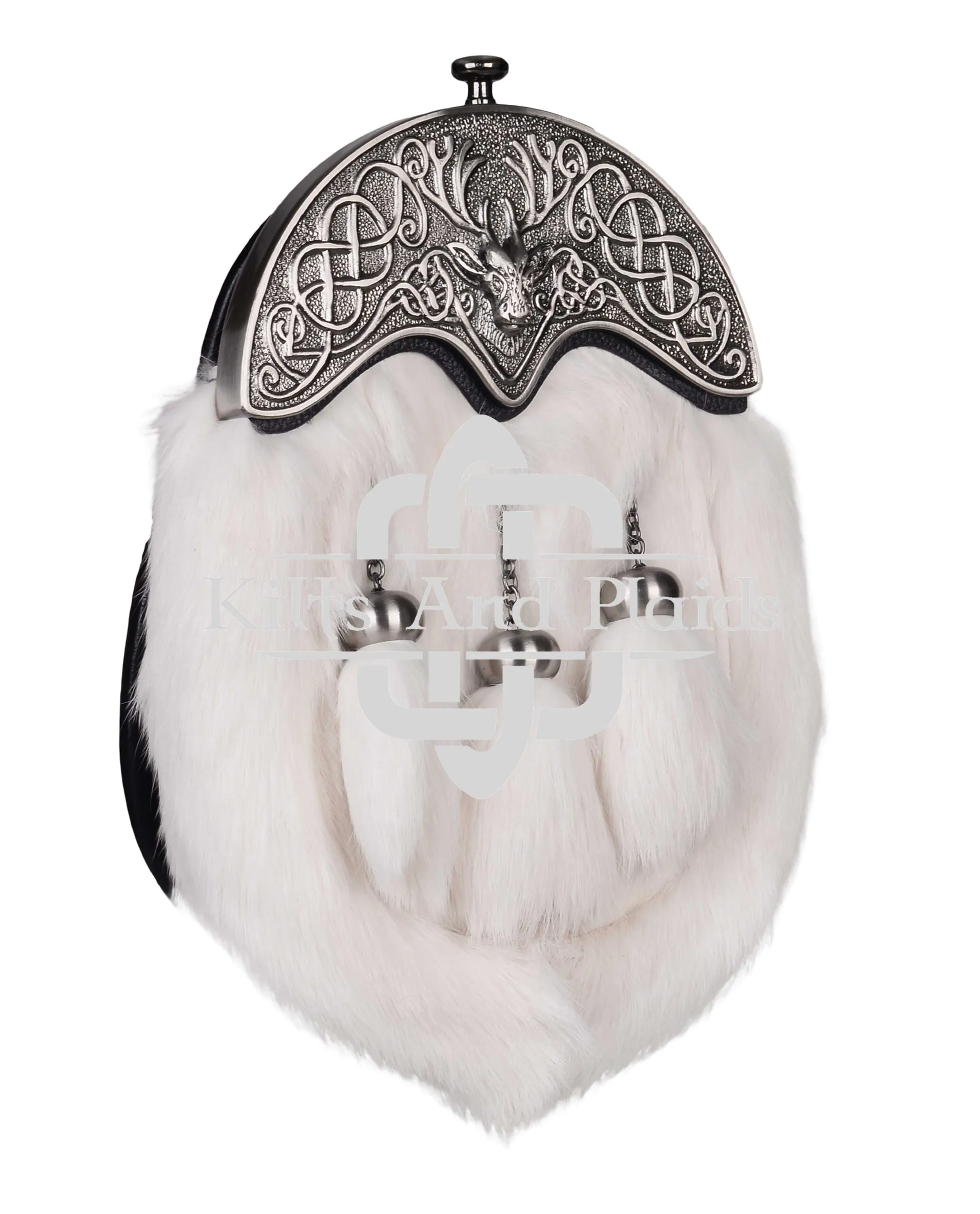 Nickle Brushed Stag Head White Rabbit Fur Full Dress Sporran