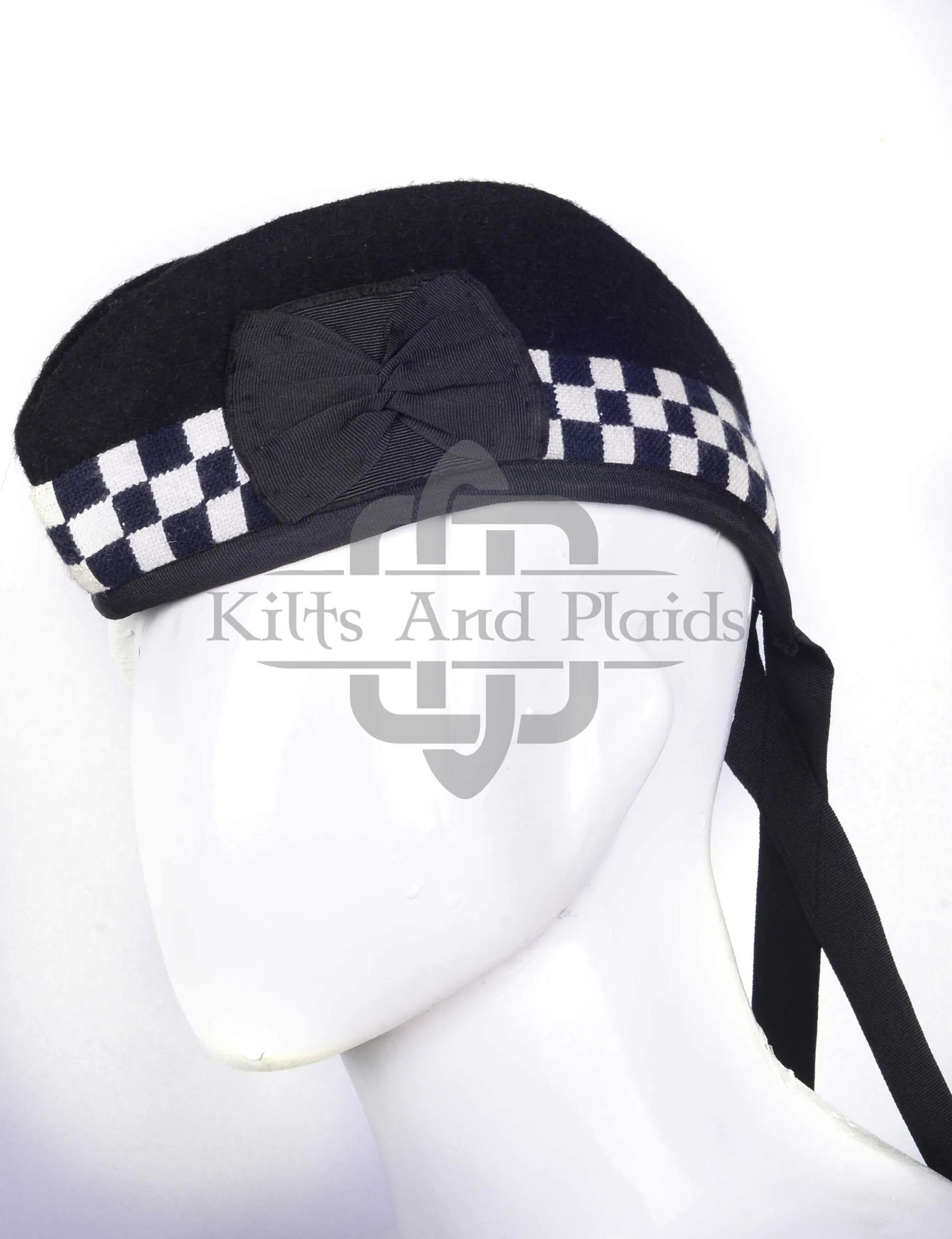 Black Wool Black White Diced Glengarry Hat