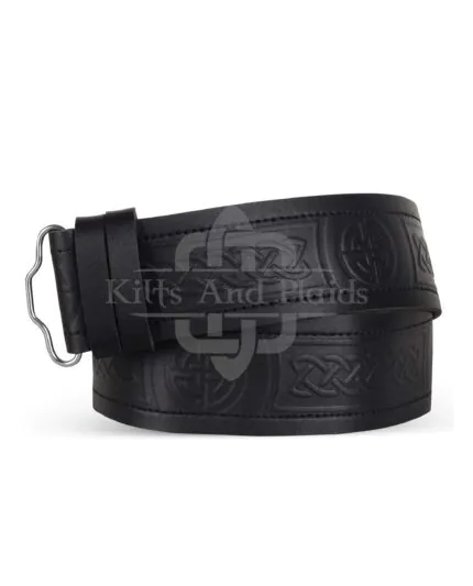 Celtic Knots and Circle Embossed Black Leather Kilt Belt