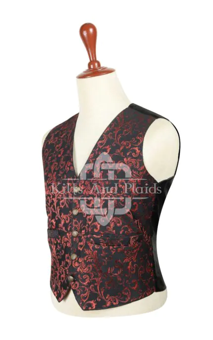 Red Brocade 5-Button Waistcoat