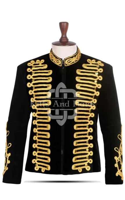 Scottish Black Velvet Gold Braided Military Hussar Jacket