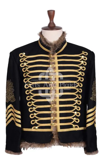 Scottish Black Wool Gold Braided Military Hussar Jacket