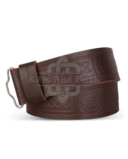 Endless Celtic Knots and Circle Embossed Brown Kilt Belt