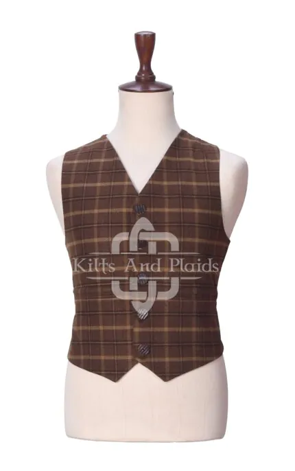 Brown Plaid Wool 5 Buttons Argyll Waistcoat