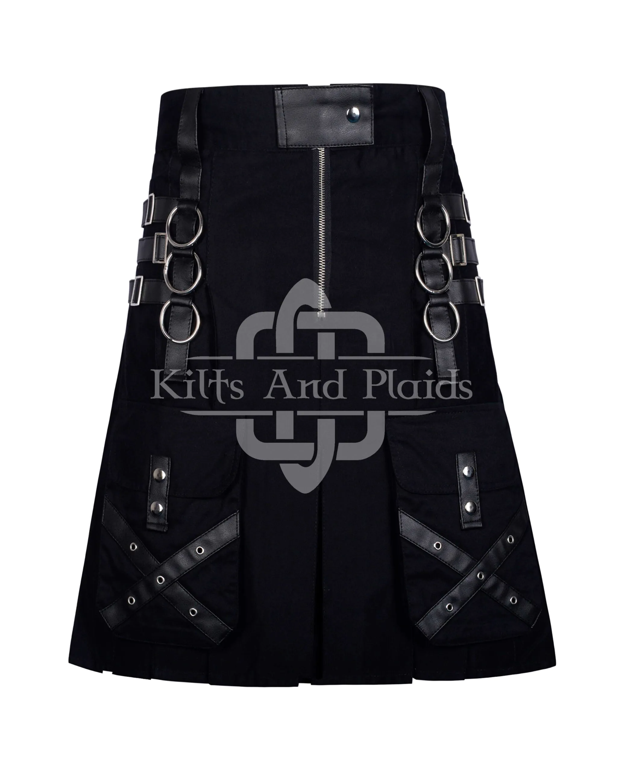 Black Cotton Gothic Kilt Leather Strap with Chain
