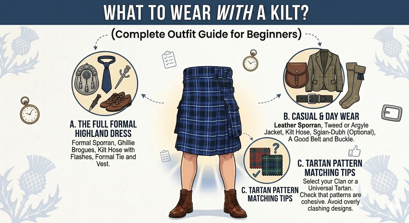 An educational infographic titled "WHAT TO WEAR WITH A KILT?" featuring a central illustration of a blue tartan utility kilt. Three circular icons branch out to explain different styles: "The Full Formal Highland Dress" with a sporran, tie, and ghillie brogues; "Casual & Day Wear" featuring a tweed jacket and leather sporran; and "Tartan Pattern Matching Tips" showing fabric swatches. The background is a light cream color decorated with blue thistle illustrations.