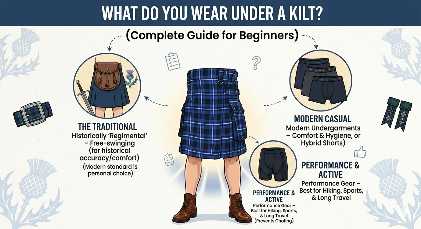 "What Do You Wear Under a Kilt? (Complete Guide for Beginners)." The center features a Ramsey Blue tartan utility kilt. Three circular callouts show different options: "The Traditional" (regimental style), "Modern Casual" (boxers and briefs), and "Performance & Active" (compression shorts for hiking and travel). The background is a clean white with faint thistle illustrations.