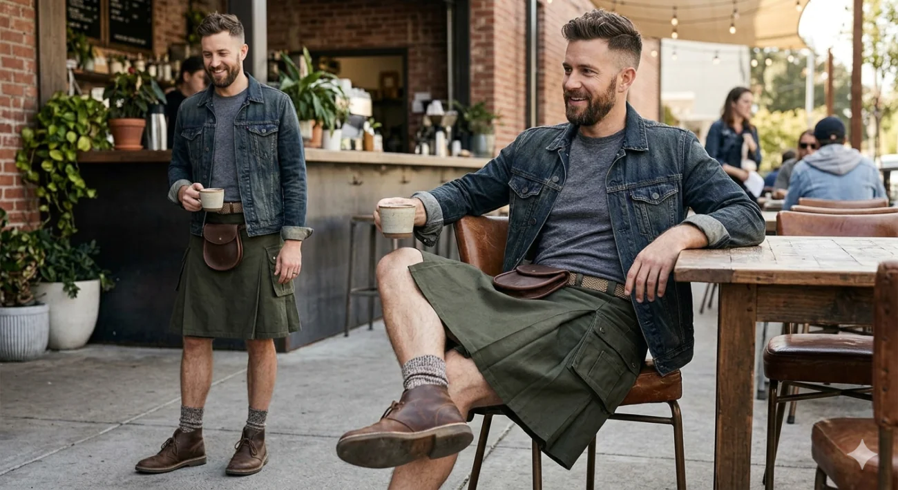 A man dressed in a casual kilt outfit consisting of an olive green utility kilt, a grey t-shirt, and a blue denim jacket, sitting at an outdoor cafe table with a coffee.