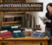 A friendly woman holds a tartan pattern guide and points towards a table covered in a varied selection of named tartan fabric bolts, with an overlying text banner that reads: "TARTAN PATTERNS EXPLAINED: How to Choose the Right Plaid for Your Style."
