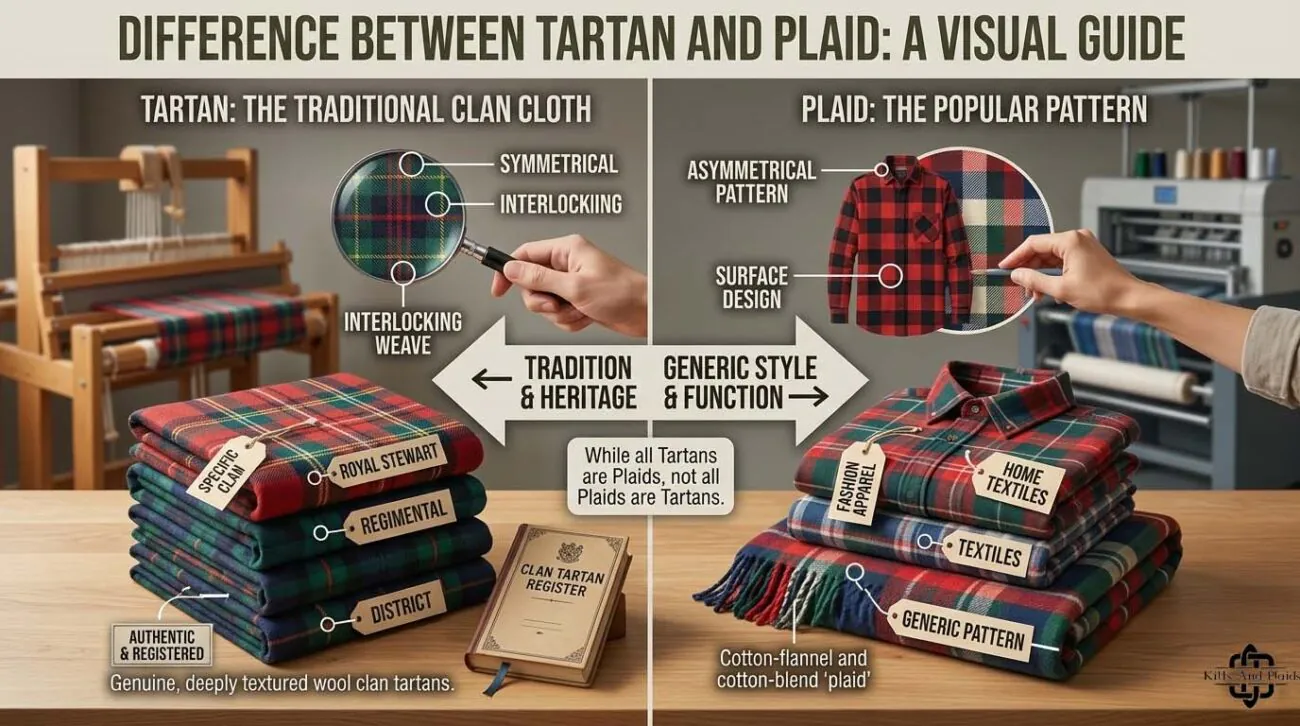 Side-by-side visual comparison of tartan and plaid fabrics showing traditional Scottish tartan patterns with clan associations versus general plaid patterns used in modern fashion and textiles.