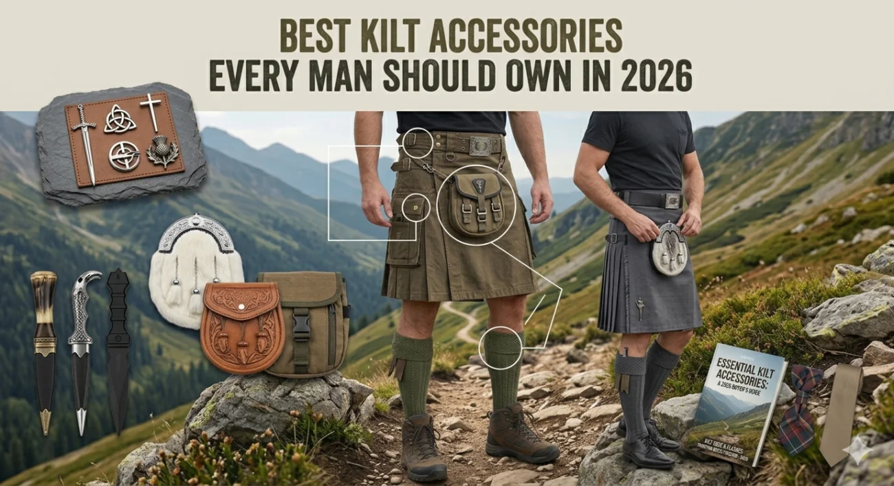 A wide-format infographic header titled "BEST KILT ACCESSORIES EVERY Man SHOULD OWN IN 2026," showcasing two men wearing kilts on a mountain trail surrounded by an array of modern and traditional accessories, including sporrans, kilt pins, sgian-dubhs, and kilt hose.