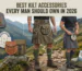 A wide-format infographic header titled "BEST KILT ACCESSORIES EVERY Man SHOULD OWN IN 2026," showcasing two men wearing kilts on a mountain trail surrounded by an array of modern and traditional accessories, including sporrans, kilt pins, sgian-dubhs, and kilt hose.