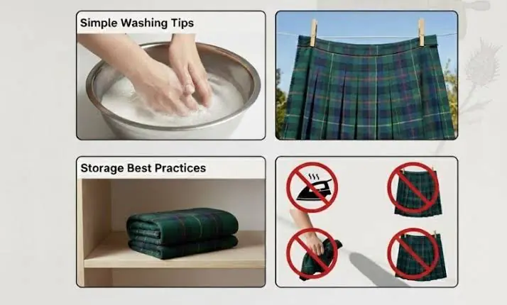 A step-by-step infographic illustrating wool kilt maintenance, featuring four clean vector icons: spot cleaning a kilt with a damp cloth, hanging a kilt flat by the waistband to air dry, rolling a kilt for breathable storage, and a warning icon over a hot iron to prevent scorching.